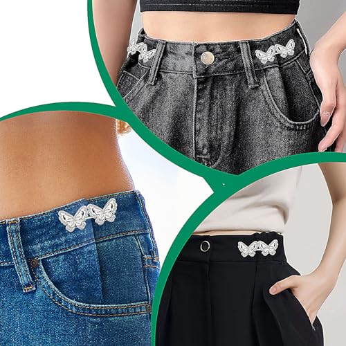 4 Sets Butterfly Pants Taist Tightener, verstelbare Taist Buckle Set Afneembare Knop Aansteker Knoppen Knoppen voor Broek Jeans Rokken Mouwen, Zilver, One Size, zilver 3