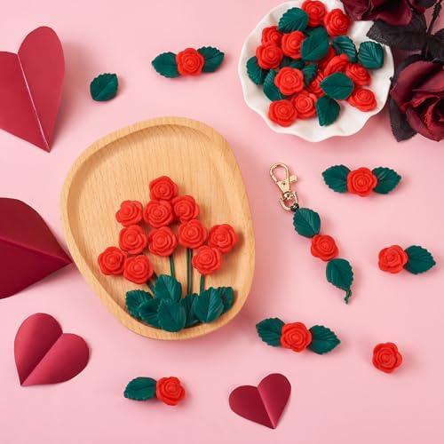 40 st. Roze bloem blad Siliconen focal kralen met Nylon Wire Rose sieraden maken Kits Rode bloem Groen blad kralen voor DIY Kunst Ambachten sieraden maken