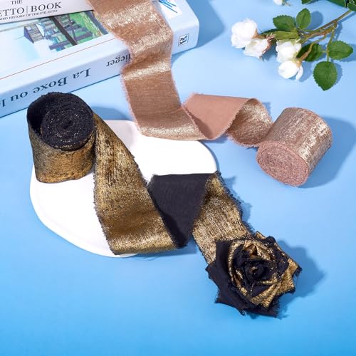 2 Rolls Hot Stamping Velvet Ribbon 2 Kleuren Velvet Edge Libbons Vintage Chiffon Ribbon Velvet Gevroren Libbons voor Gift Bouquet Wrapping Party Decoration