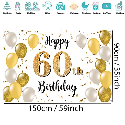 60e verjaardag Decoratie voor mannen/vrouwen, 60e Verjaardagsstof Tekenposter, 60th Anniversary Party Achtergrond Banner, Verjaardag Decoratie Wit en Goud, 1.5m