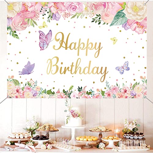 Verjaardag Decoraties voor meisjes/vrouwen, Achtergrond Banner Stof Tekenposter, Bloemen en Vlinder Achtergrond 1e 2e 3e 4e 5e 5e 6e 10e Verjaardag Partij Supplies Welkom Teken, 150cmx90cm 3