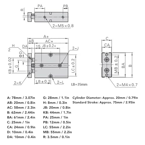 Air Cilinder Pneumatische 2 Piston, Stroke 75mm Bore 20mm Double Shaft Double Acting 0-1.0MPa, TN20 X 75-S Double Rod Double Schachtcilinder 4