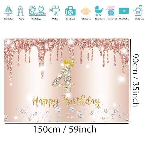 4e verjaardag meisje decoratie, 4e verjaardag banner roségoud, Happy 4e verjaardag stoffen bord poster, 4e verjaardag achtergrond banner meisje verjaardagsfeest decoratie, 150 cm x 90 cm