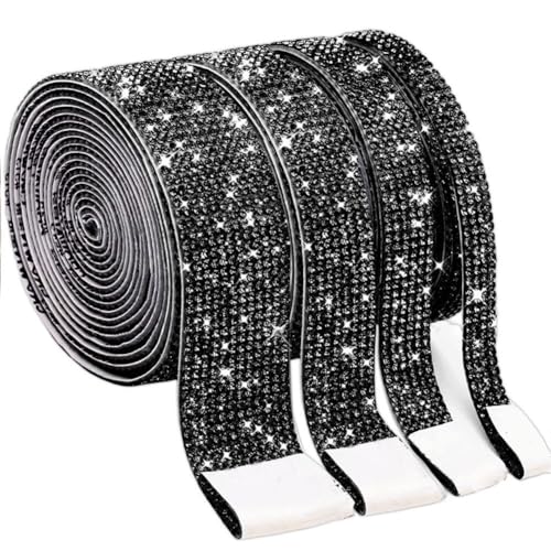 Bling Rhinestone Strips 4 Rolls Zelfklevende Diamond Crystal edelsteen Ribbon Sticker, glanzende DIY Ambachts Kunst Decoratieve Sticker met 2mm Rhinestones voor Telefoon Auto en Home Decoratie (zwart)