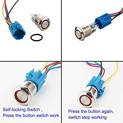 LED verlichte drukknop, zelfvergrendelende drukknop, IP67 LED-knop, LED-duwknop voor auto met 23cm kabelset voor 19mm 3/4 inch bevestigingsgat, 12V-vermogen (rood) 3