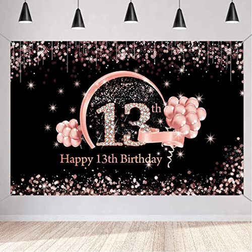 13th Birthday Girl Decoration, 13th Birthday Banner Black and Rose Gold, Stof Teken 13th Birthday Poster 13th Birthday Achtergrond Banner Verjaardag Decoratie