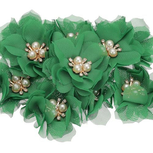 5,8cm Rhinestone Pearl Chiffon Flower, 10 stuks Naaistof Appliques voor DIY Craft Kleding Headbands Trouwfeest Decoratie, Groen