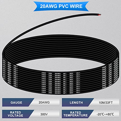 20 AWG elektrische draad, 2 x 0,5 mm2, 20 Gauge, 300 V, 2 Wire Tinned Koper Kabel met PVC, 10 Metres, Flexibele Kabel voor Auto, LED Strips met 10 stuks Heat Shrink Tubing