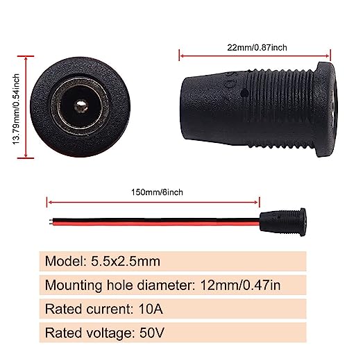 5 st DC Power Jack Socket 5.5 X 2.5mm, 12V 10A Holle Plug DC Bushing Panel Montage Kit, Low Spanning Connectors 5.5MMX 2.5mm(met Kabel 15cm) + 5 x Rubber Beschermende Ventielen