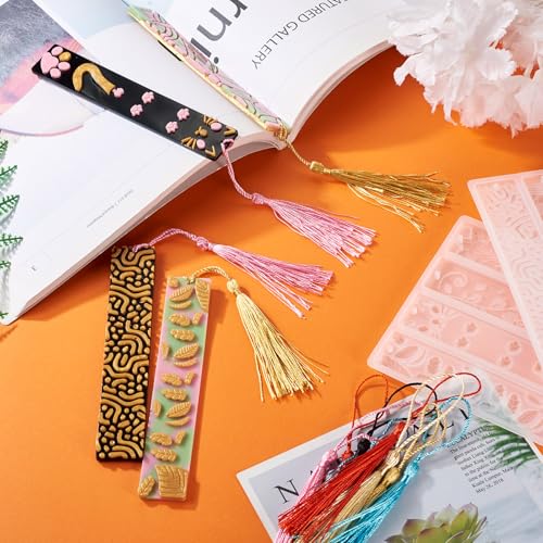 2Stuks Paw Afdrukken Bladwijzer Siliconen mallen Rechthoek 3D Het maken van bladwijzers UV-hars mallen met 20 stuks Tassels voor ambachten, sieraden het maken van decoratie 5