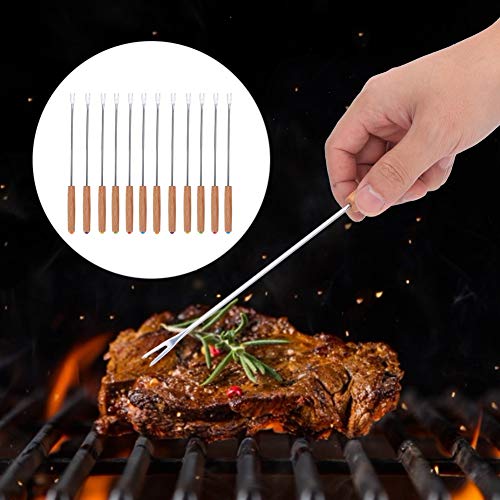 12 stuks roestvrij Stalen Barbecue vorkschaatsen Set met houten handvat, Portable Baguette Sticks Casserole Sticks Kebab Skewers voor Barbecue, Camping Grill 3
