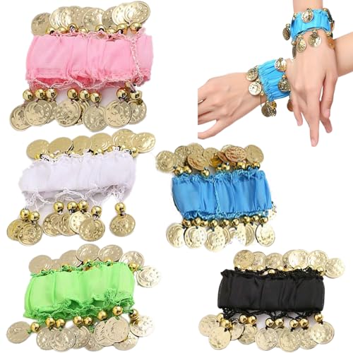 5 Paar Belly Dansen Polsbandjes, Belly Dans Coin armband, Belly Dans Enkelband Accessoires, Geweldig voor Belly Dancer of Oosterse Dancer Dress Up (Vijf kleuren), Blauw Meer, roze, fruit groen, wit, zwart