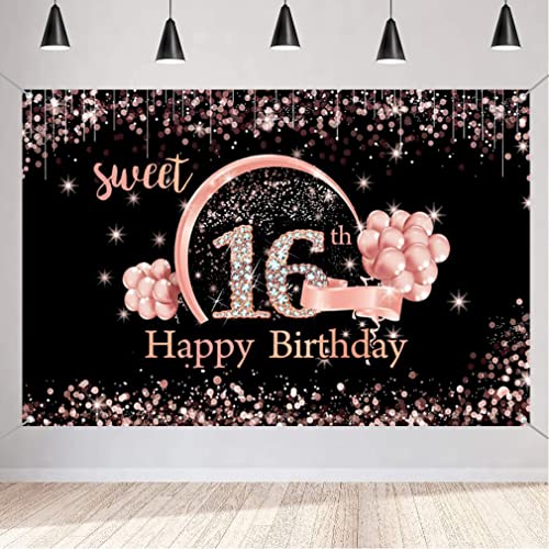 Sweet 16th Birthday Decoration - Banner Black and Rose Gold, Fabric Sign, Poster, schattige achtergrond voor meisje