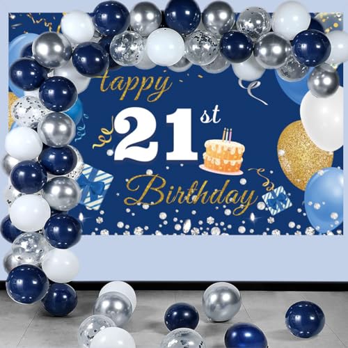 Verjaardagsdecoratie voor jongens en meisjes, 21e verjaardagsbanner blauw, 21e verjaardagsstof sign poster, 21e verjaardagsachtergrond Banner mannen vrouwen verjaardagsfeest decoratie 3