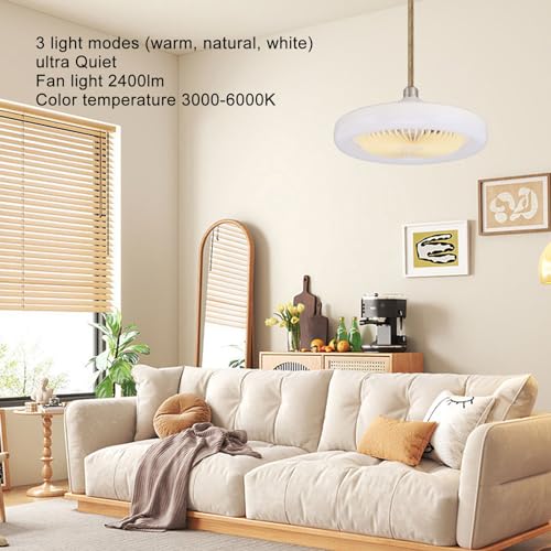 Plafondventilator met LED-lampen, E27 2400LM 3000K tot 6000K 3 Kleuren Dimmen LED plafondventilator met 3 snelheden, 10.2 Inch LED plafondventilator voor slaapkamer, keuken
