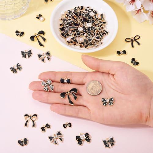 Bowknot Enamel Hangers Zwart/Roze Enamel Legering Bow Dangle Bedels met Rhinestone Bowknot Hangers voor DIY Ketting oorbellen sieraden maken 5