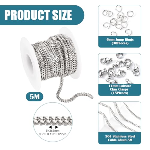 5M roestvrij stalen curb ketting 5x3x3mm ongelaste getwiste metalen slang ketting ketting maken Kit met Jump Rings Klauw sluitingen voor DIY armband sieraden maken 5