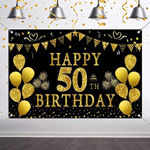 50e verjaardag Decoratie voor mannen/vrouwen, 50e verjaardag Stof Teken poster 50e verjaardag partij achtergrond Banner Verjaardag Decoratie zwart en goud, 150cm x 90cm