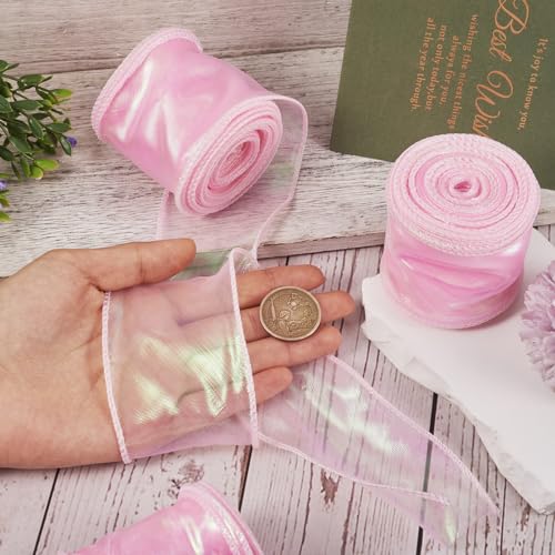 3 Rolls Polyester Iridescent Ribbon 60mm Sparkling Sheer Chiffon Ribbon Glittering Craft Decoratieve Ribbon voor Cadeau Wrapping, Bouquet Decoratie, Pearl Pink 5