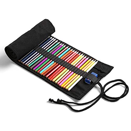 Kunstenaar Potloodhouder Roll, Canvas Pencil Case, 48 Holes Gekleurde Potlood Rolhouder Opslagzak voor Kunstenaar, School, Kantoor, Zwart 5