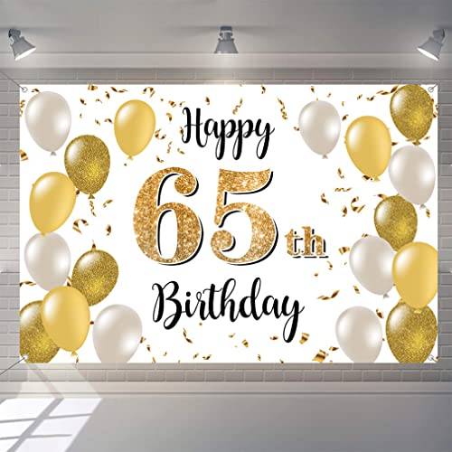 Verjaardagsdecoratie voor mannen/vrouwen, 65e verjaardag, Stof Tekenposter, Achtergrond Banner, Verjaardagsdecoratie, Wit en Goud, 1.5 Metres