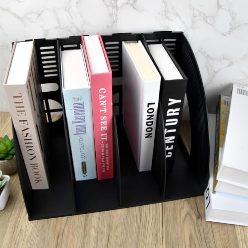 Magazine Stand with 4 Compartments, Verticale Bureau Magazine houder, Robuuste Plastic Organisator voor A4 Documenten, Boekhouder voor Office, School, Home (Zwart) 3