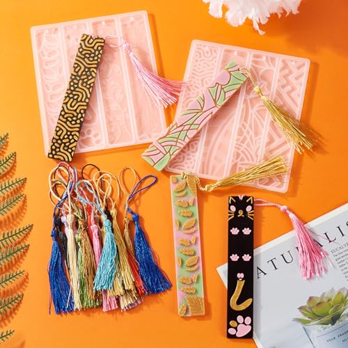 2Stuks Paw Afdrukken Bladwijzer Siliconen mallen Rechthoek 3D Het maken van bladwijzers UV-hars mallen met 20 stuks Tassels voor ambachten, sieraden het maken van decoratie