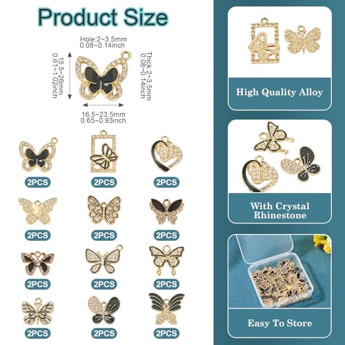 24Pcs Vlinder Strass Bedels Legering Emaille Vlinder Hangers Gouden/Zwarte Insect Sieraden Charm Voor Diy Ketting Oorbel Sieraden Maken, Emaille Stras 4