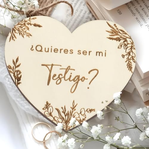 Wenskaarten hart van hout met inscriptie "Quieres ser mi testigo? 4
