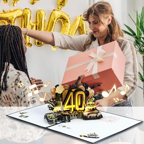 40e verjaardagskaarten vrouwen, lichten en geluid pop up verjaardagskaarten voor mannen, gelukkige verjaardagskaarten met envelop voor vrouwen mama vrouw mannen man vader vrienden 3