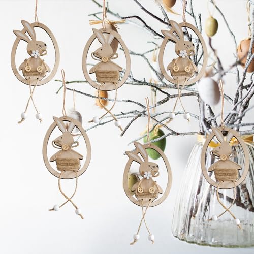 Houten konijn hanger, 6 stuks, paashaas hangen, decoratie, paassieraden gemaakt van hout, voor opknoping (Zuo) 3