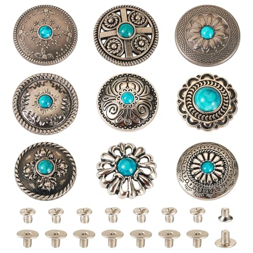 18 Sets Turquoise schroef terug Rives Leather Rivet Antique Silver Button Decoratieve Stud Rives voor Portemonnee Handtas Schoenen Leather Craft Kleding Belt