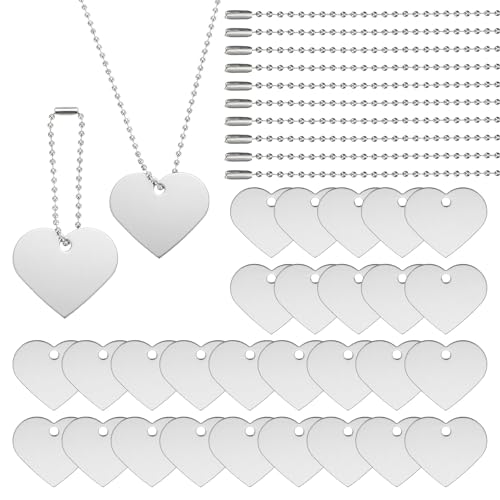 30 stuks lege metalen stansetikten, hartvorm, gegraveerde etikten, aluminium huisdieretikten met parelketting, lasergravure, blanco voor doe-het-zelf handwerk, inrichting, zilverleurig