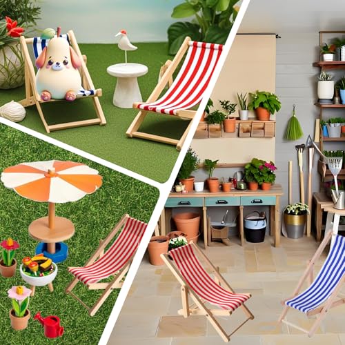 Miniatuur Strandstoel Set van 2 Miniatuur Strandstoel Decoratie Houten Mini Lounger Decoratie Klein Opvouwbaar Strand Micro Landschap Blauw Wit Stof Zitplaats 11 x 5 cm 5