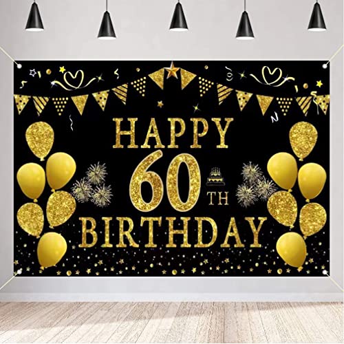 60e verjaardag Decoratie voor mannen / vrouwen 60e Verjaardagsstof Tekenposter 60th Birthday Party Achtergrond Banner Verjaardag Decoratie zwart en goud 150cm x 90cm