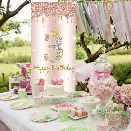 3rd Birthday Girl Decoration, Happy 3rd Birthday Deur Banner Rose Gold, 3rd Birthday Fabric Sign Poster Deur Decoratie, 3rd Birthday Achtergrond Banner, Birthday Party Welkom Sign 4