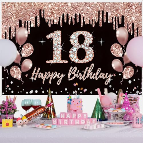 18e verjaardag decoratie voor meisjes, feest decoratie zwart en rozengoud, 18e verjaardag stof teken hangen poster, 18e verjaardag achtergrond Banner Party welkom tekenen