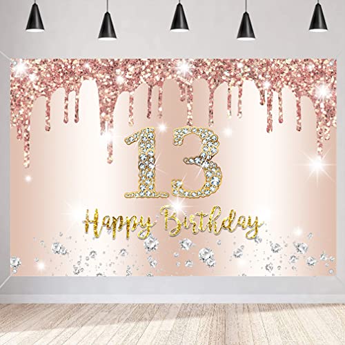13e verjaardag decoratie voor meisjes, Banner Rose Gold 13e verjaardag stof sign poster, gelukkig 13 verjaardag achtergrond Banner meisje verjaardag feest decoratie