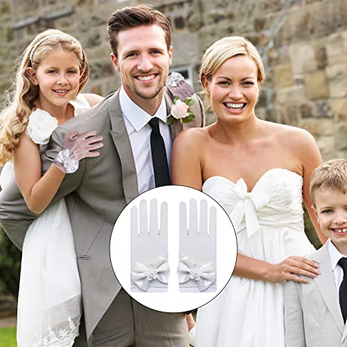 Meisjes korte elegante satin Bow Fishnet handschoenen gaten pols lengte handschoenen voor bloemen meisjes 3