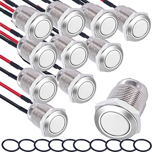 10 × Instantane waterdichte knopen, Roestvrij staal, rond, 12 mm, Pre-Wired, belknop 2 A/12 V/24 V/125 V/250 V (Flat Head)