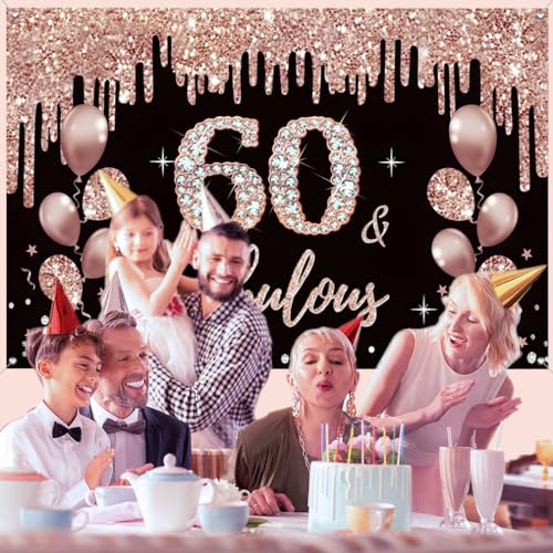 60e verjaardag decoratie voor vrouwen, 60e verjaardag decoratie zwart en roos goud glitter vlekken stof teken poster 60e verjaardag achtergrond banner vrouw 60e verjaardag feest decoratie 5