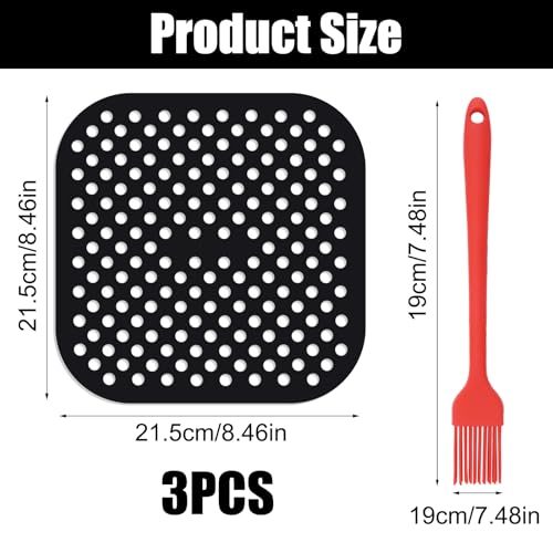 3 stuks Siliconen Air Fryer Pads, Air Fryer Liners Vierkante Siliconen Matten voor Air Fryer, Niet-Stick Coating Herbruikbare Siliconen Air Fryer Accessoires met Penselen voor Keuken