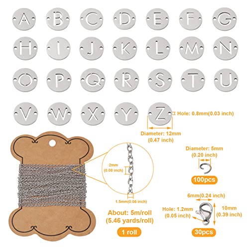 26 st 12mm Titanium stalen brief Link Charms A-Z Alfabet Hangers met roestvrij stalen kabel kettingen & clasps & Jump Rings voor armband connectoren sieraden