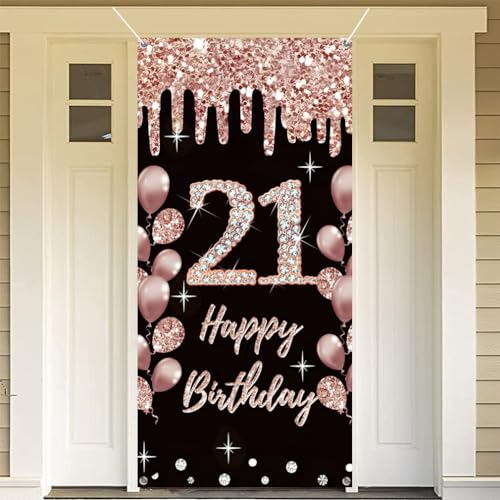 21e verjaardag decoratie voor meisjes gelukkig 21e. Verjaardag Poster Deur Banner Zwart en Rose Stof Teken Muur / Deur Banner 21e Verjaardag Achtergrond Banne r Meisjes Verjaardag Party Welkom Teken