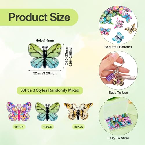 30 st. Butterfly Charms Insect Spring Dangle Charm Kleurrijke vliegende dierlijke acryl hangers hangen Ornament voor sieraden Craft Ketting Keychain DIY Vrouwen oorbellen,, acryl, Geen edelsteen 5