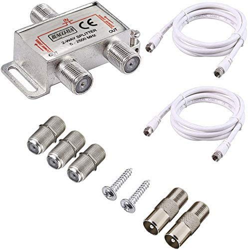 2-weg TV radio, F plug, adapter, kabel, antenne, distributeur, SAT splitter, metaal TV distributeur incl. adapter + 2 x kabel + 2 x F-stekker op coaxiale stekker + 3 x F-connector aan