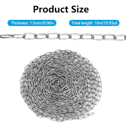 Staal ketting Verkocht door de Metre, 10 m metalen ketting, diameter 1,5 mm ketting Roestvrij staal, roestvrij staal ketting Verkocht door de metre, ronde stalen ketting, sterk voor hanglampen, zandzak, hangstoel