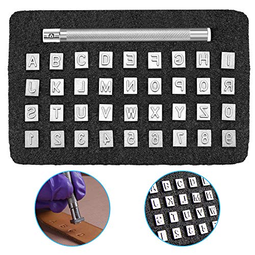 37 Stuks Lederen Stempels Alfabet A tot Z Matrijs Snijgereedschap 3mm Aantal Stempel 0-9 Gegraveerd Stempel 6.5mm Letters Stempel Ambacht Stempel Punctuur Stempel voor Leder Embossing, DIY Kleileer