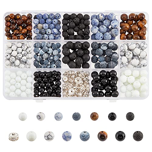ongeveer 600Pcs natuurlijke stenen kralen Kit, 6mm 8mm natuurlijke edelsteen kralen los ronde stenen kralen met Rhinestone Spacer kralen voor DIY armband ketting sieraden maken