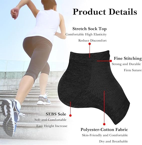 Hoogteverbetering Insole Sokken - 2,5 cm hijkussentjes voor mannen en vrouwen, antislip SEBS halve kussentjes, Bionic verdikte sokovertrekken, zwart, nylon katoen 5